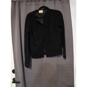 Carol Brent Black Knit Sweater Cardigan, Beaded Design, Montgomery Ward, Size 44